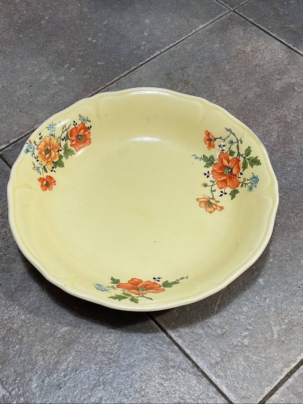 Yellow Floral Ceramic Serving Bowl with Orange Flower Accents